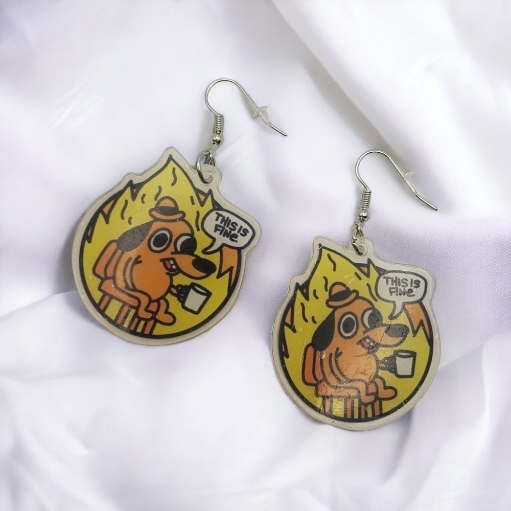 "This is Fine" Meme Comic Earrings